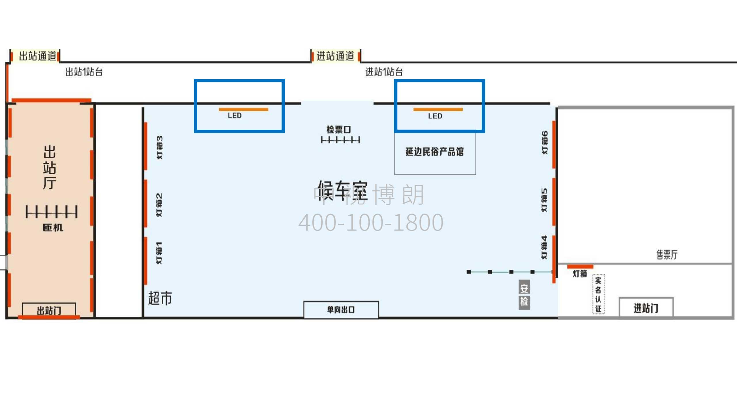 延吉西站广告-候车厅检票口两侧LED屏套装点位图